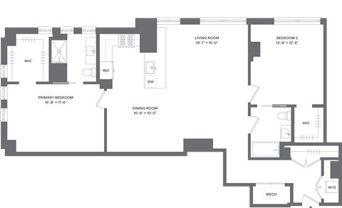 Floor plan for 2 beds, 2 baths, 1315 sqft